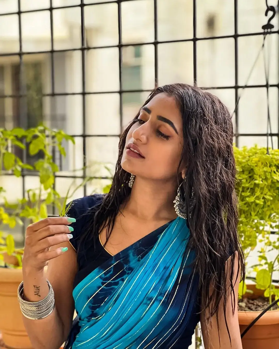 South Indian Actress Nayani Pavani in Traditional Blue Saree